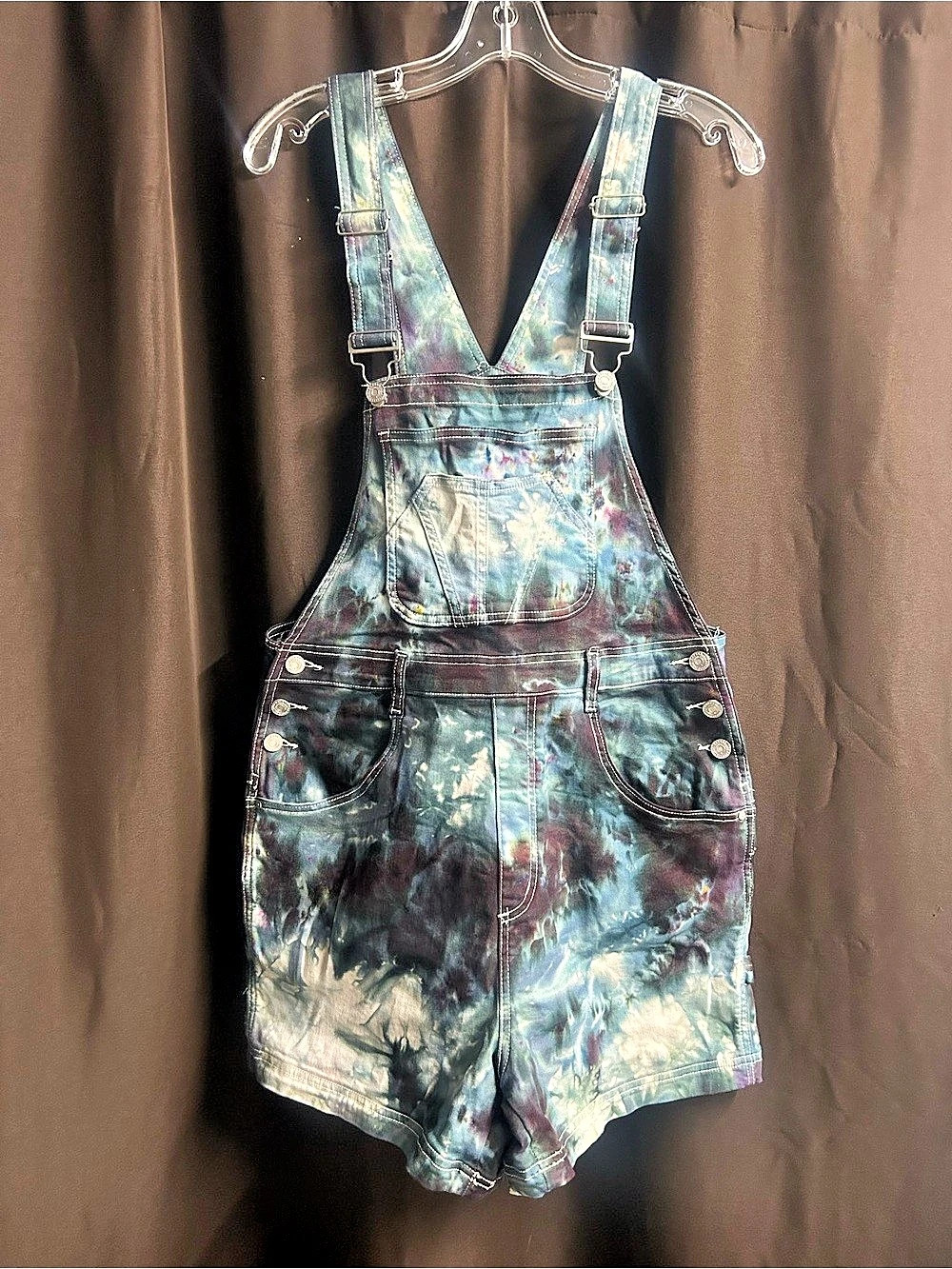 BAYEAS Tie-Dye Denim Short Overalls Size Large